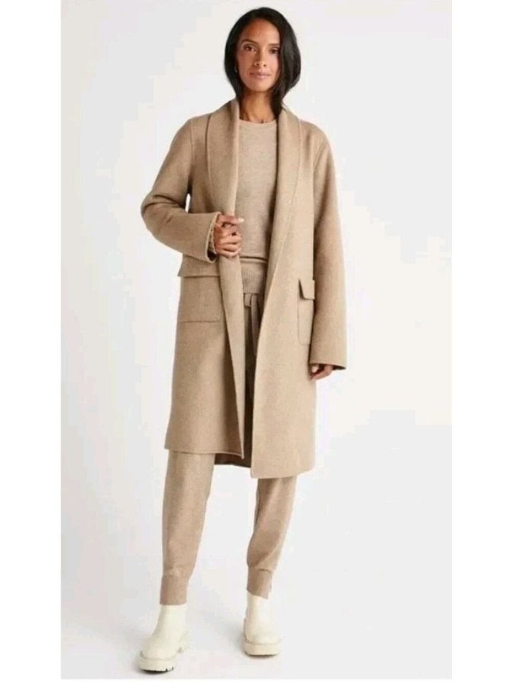 Splendid x Cella Jane Icon Shawl Collar Coat Wool Blend Open Front M Camel Tan